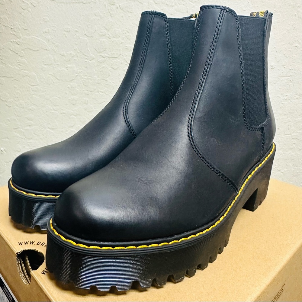 Dr. Martens Black Leather Chelsea Lug Booties with Yellow Stitching